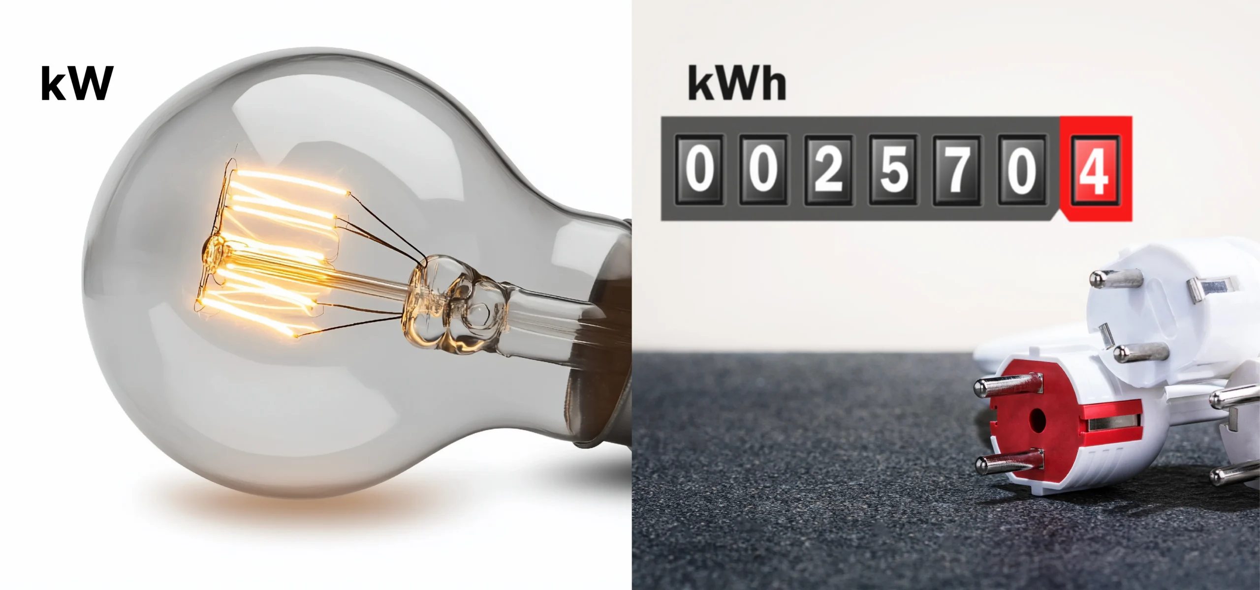 visual comparison of kW vs kWh showing power usage with light bulb and energy consumption with electricity meter