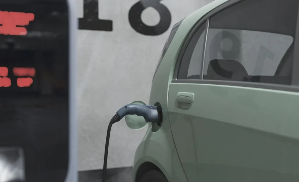 Electric vehicle connected to charger at home showing safe charging setup