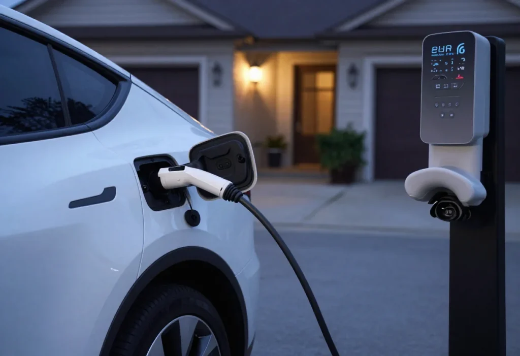Electric vehicle plugged into a residential EV charging station installed near a home garage,