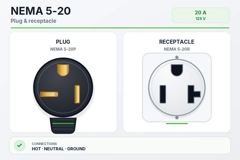 NEMA 5-20 plug and receptacle illustration for EV charging and other applications