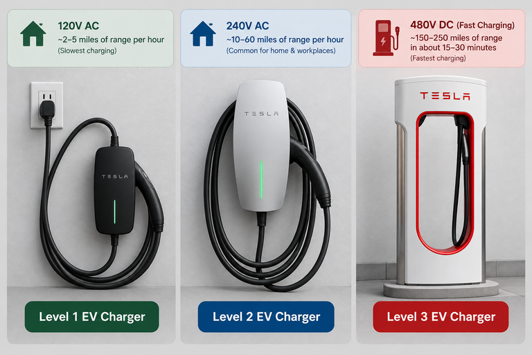 the 3 EV charging levels and the speed they offer